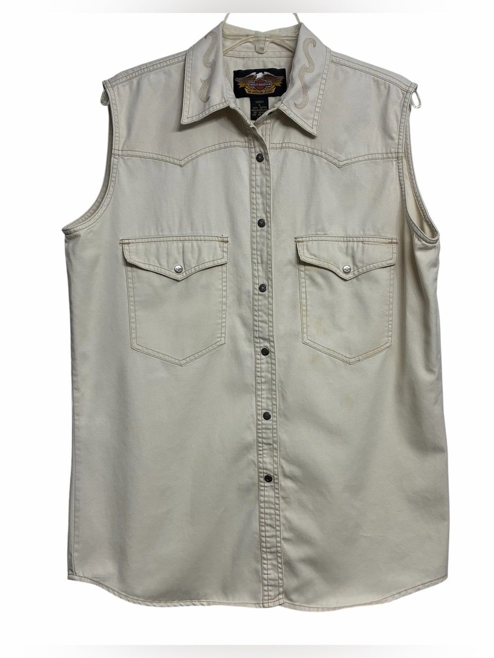 Harley Davidson Womens L Sleeveless Snap Shirt Beige Western Biker Logo Stain